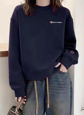冠军刺绣秋冬新品宽松卫衣女简约藏蓝色休闲加绒保暖打底潮牌上衣