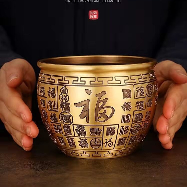 黄铜百福缸人财两旺缸聚宝盆办公室聚财招财进宝风水摆件装饰铜制