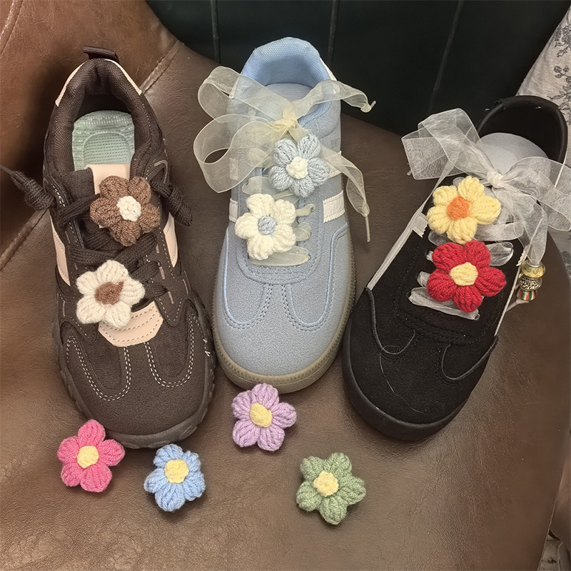 可爱泡芙毛线花朵鞋花秋冬鞋带装饰扣运动鞋德训鞋diy鞋带扣配件