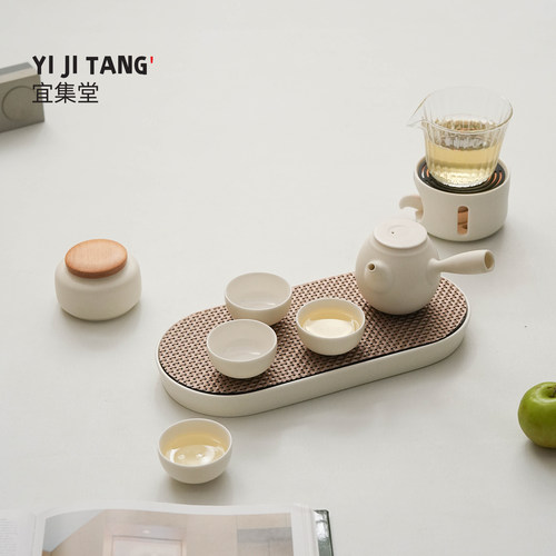 宜集堂INS奶油整套茶具套装家用陶瓷防烫侧把茶壶功夫茶杯套装