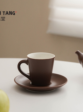 宜集堂对饮奶油风茶杯陶瓷哑光带把主人杯单杯待客咖啡杯巧克力色