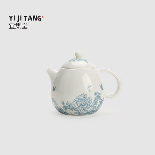 宜集堂龙蛋壶花间集德化白瓷泡茶壶家用青花手持壶一人独饮小茶具