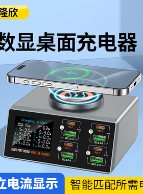 万隆欣140W桌面独立数显电流充电器多口USB插座多功能PD65W可充笔记本电脑多合一带磁吸无线充智能手机充电桩
