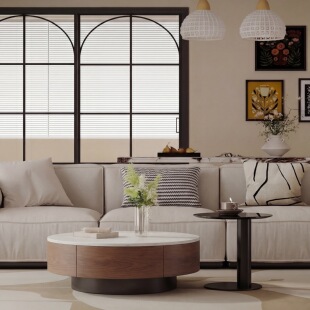 中古风岩板圆形茶几现代简约小户型胡桃木新款茶桌带抽屉储物组合