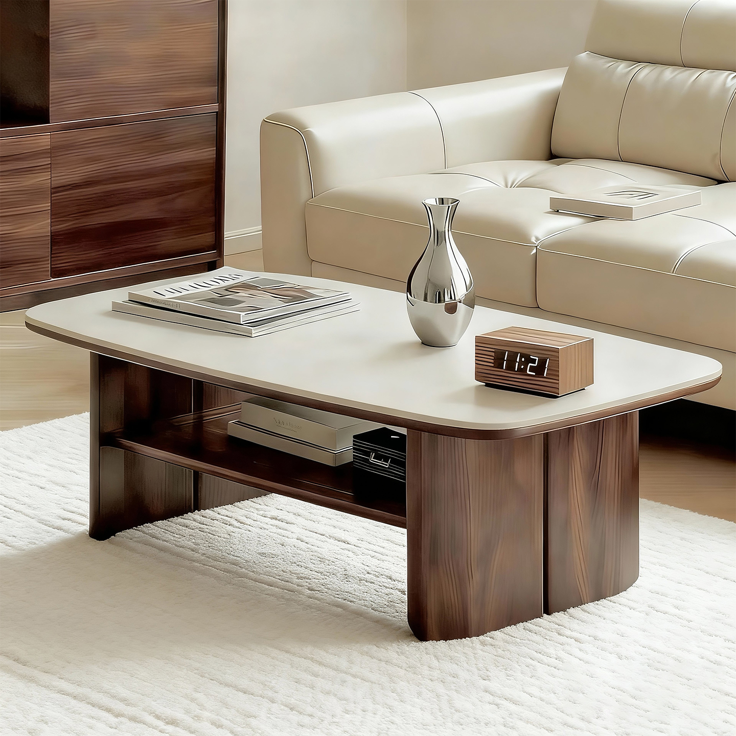 中古风实木岩板茶几桌