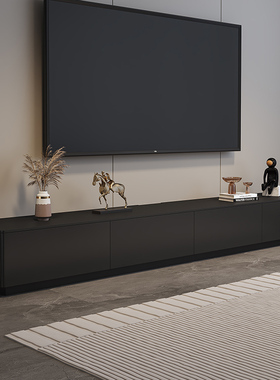 意式极简实木黑色落地电视柜现代简约客厅家用岩板轻奢地台储物柜