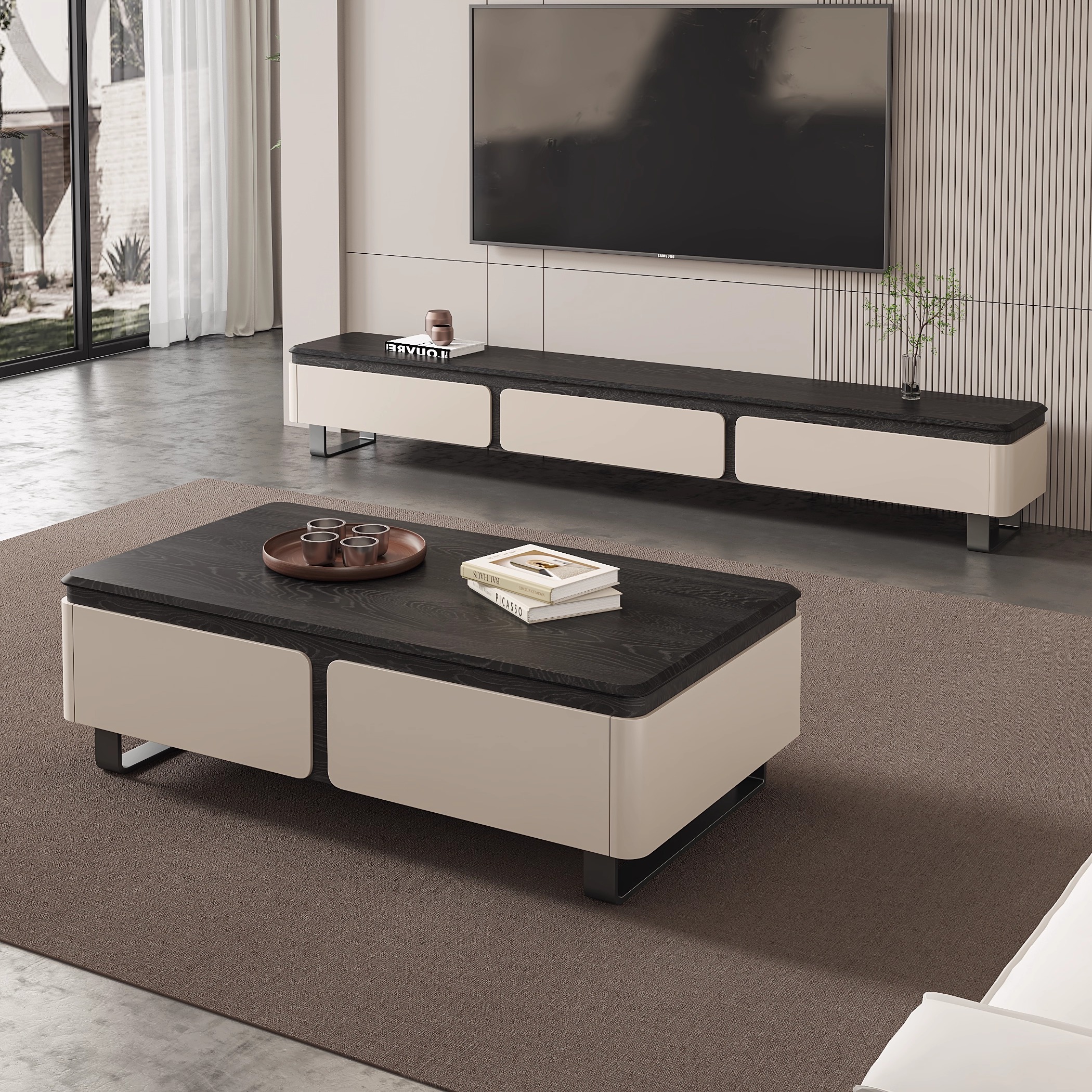 长方形设计师黑色木纹茶几