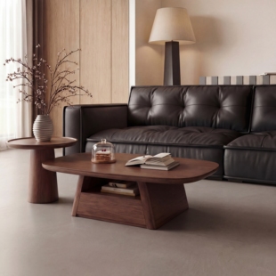 中古风胡桃木椭圆形茶几小圆桌电视柜组合茶几家用客厅小户型茶几