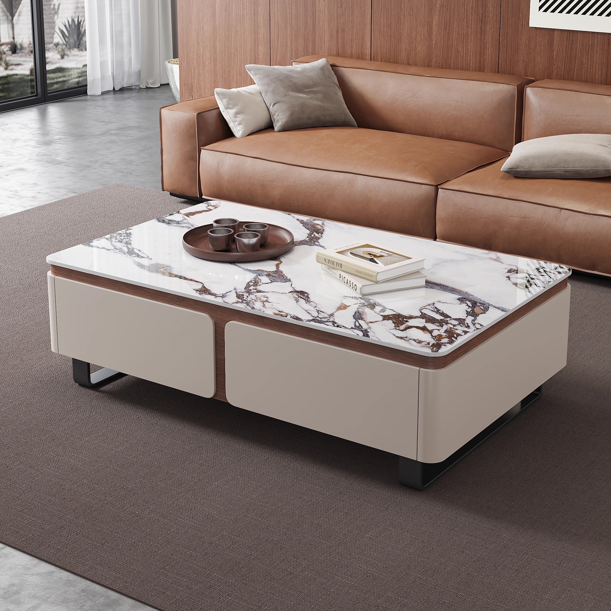 长方形设计师雪山白岩板茶几