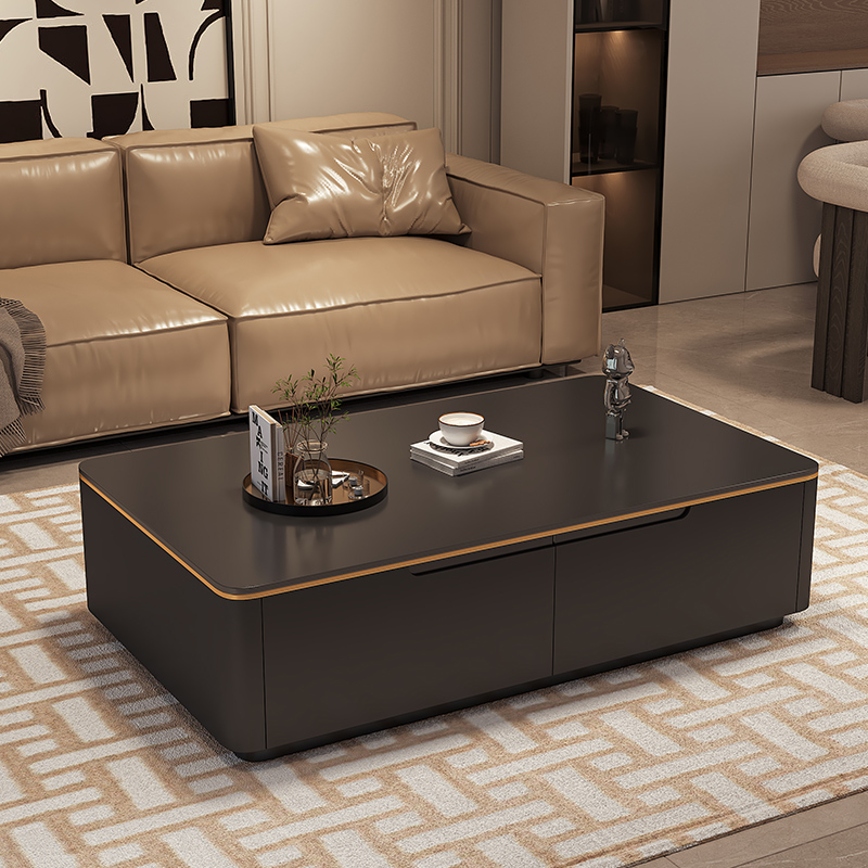 黑色岩板长方形实木茶几