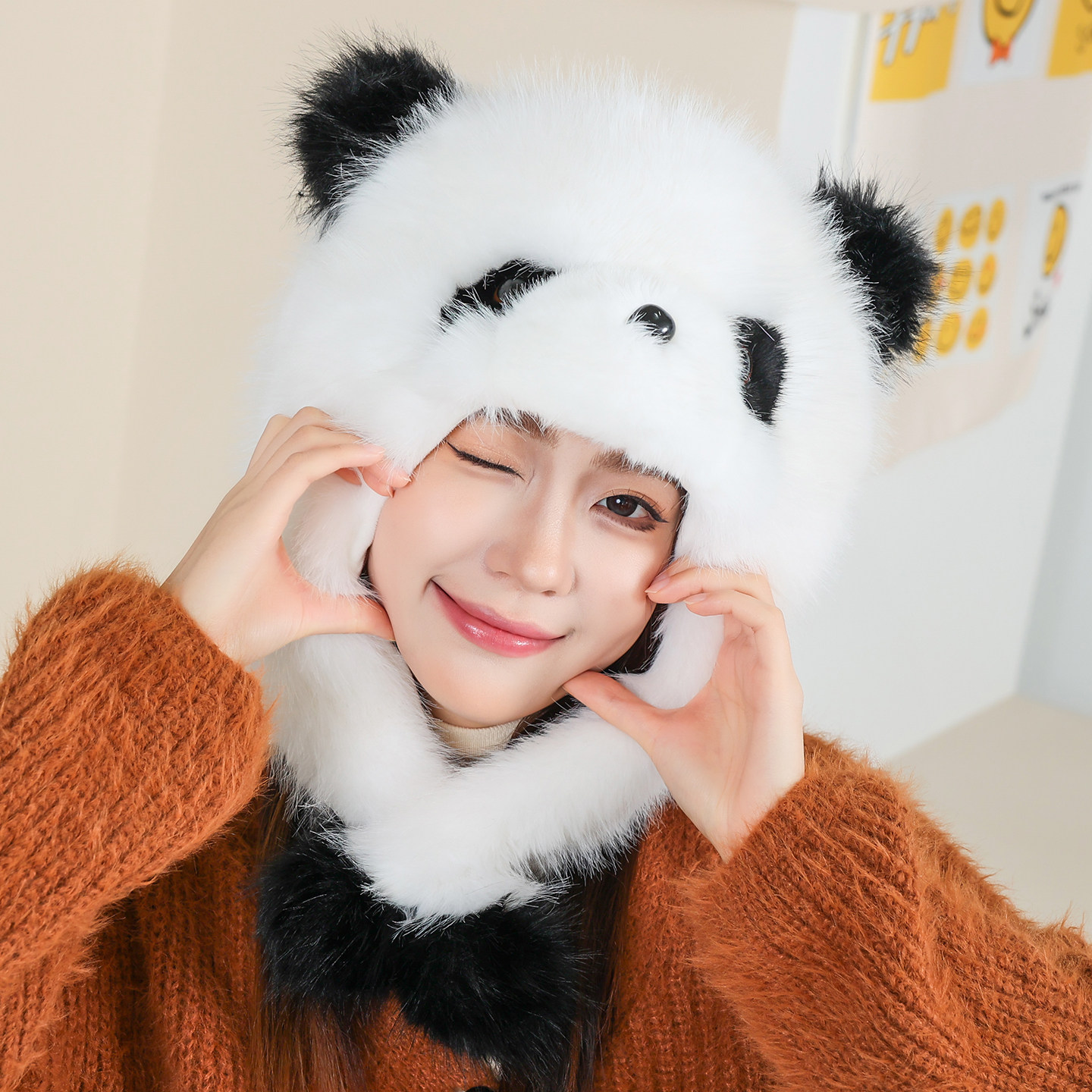帽子女秋冬季可爱卡通小熊猫护耳帽加厚保暖毛绒套头帽防风雷锋帽