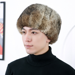 真皮毛一体帽子男女休闲中老年兔皮毛一体秋冬季护耳防寒地主帽