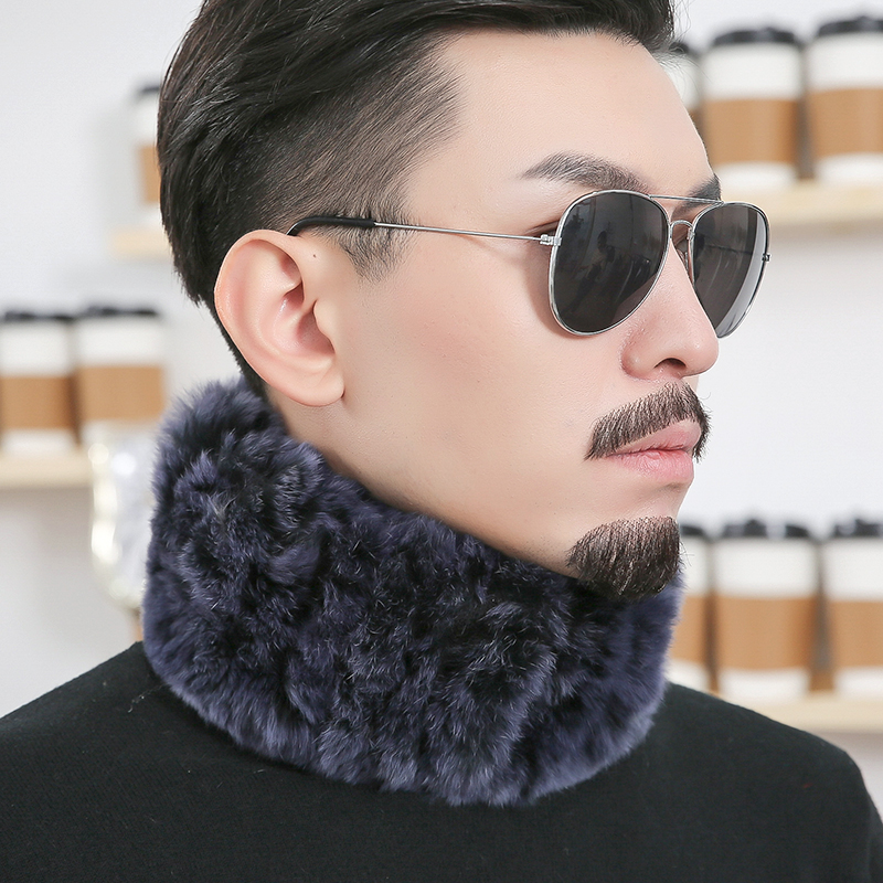 獭兔毛围巾男新款弹力编织真皮草脖套护劲冬季女套头保暖围脖两用