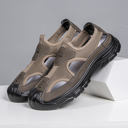 夏季透气包头镂空男凉鞋中老年休闲百搭老北京防滑凉鞋男款沙滩鞋