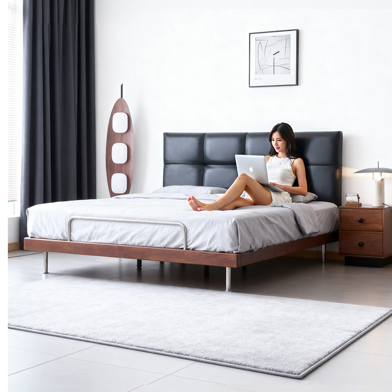 红晟黑巧真皮床主卧高端大气2025新款现代简约胡桃实木床2米x2米2