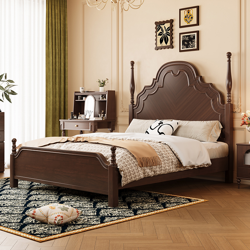 中古风胡桃色实木床主卧双人床1.8米法式复古安娜床高端大气婚床