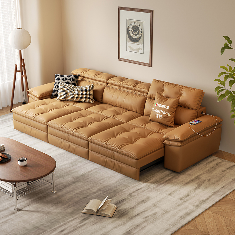 红晟电动沙发床小户型客厅两用2025新款客厅梳化床真皮双人伸缩床