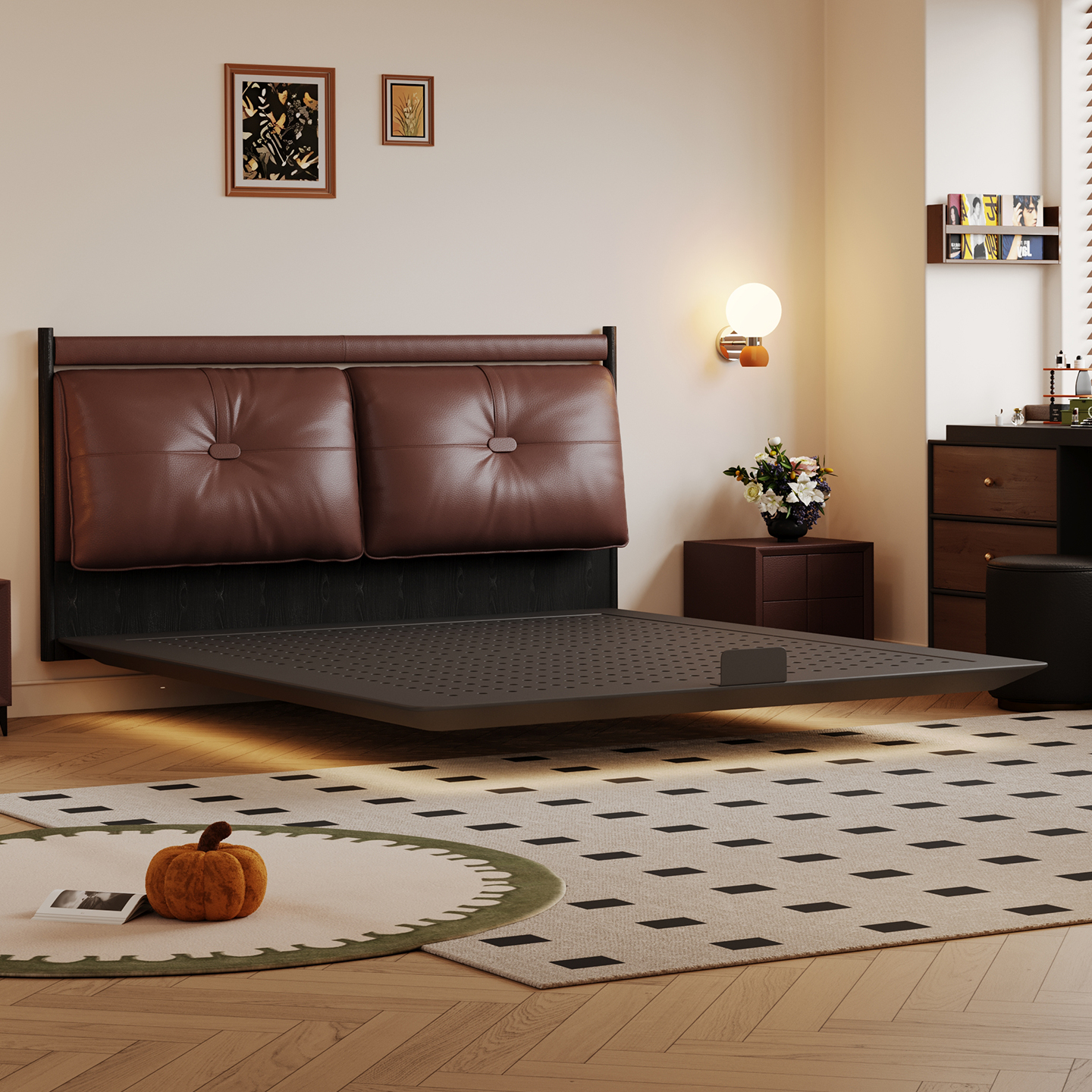 柏林床真皮碳素钢悬浮床中古风主卧高端大气铁艺床架双人软包婚床