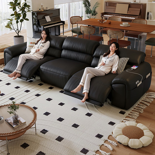 红晟电动沙发太空舱多功能躺椅可坐可躺黑色客厅美式牛皮头层沙发