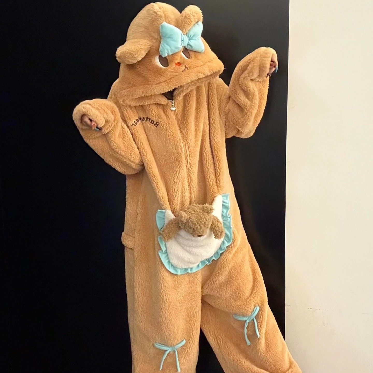 法国OIMG珊瑚绒连体睡衣女款秋冬季可爱加绒加厚保暖法兰绒家居服