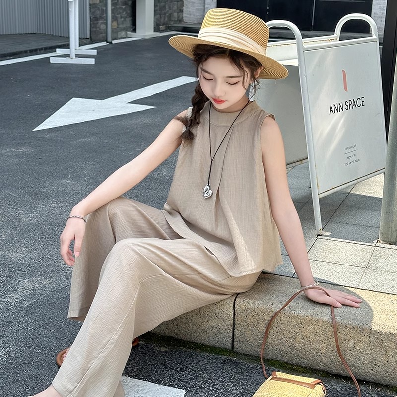 法国女童夏季套装2025新款女孩洋气冰丝棉麻背心休闲裤子儿童夏装