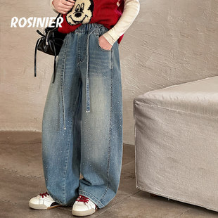 韩国ROSINIER女童裤子2026新款中大童春秋季儿童牛仔裤女孩阔腿裤