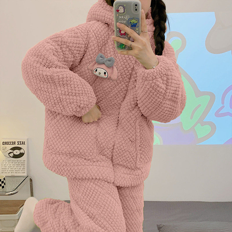 法国OIMG美乐蒂睡衣女秋冬季三层夹棉珊瑚绒加厚法兰绒卡通可外穿