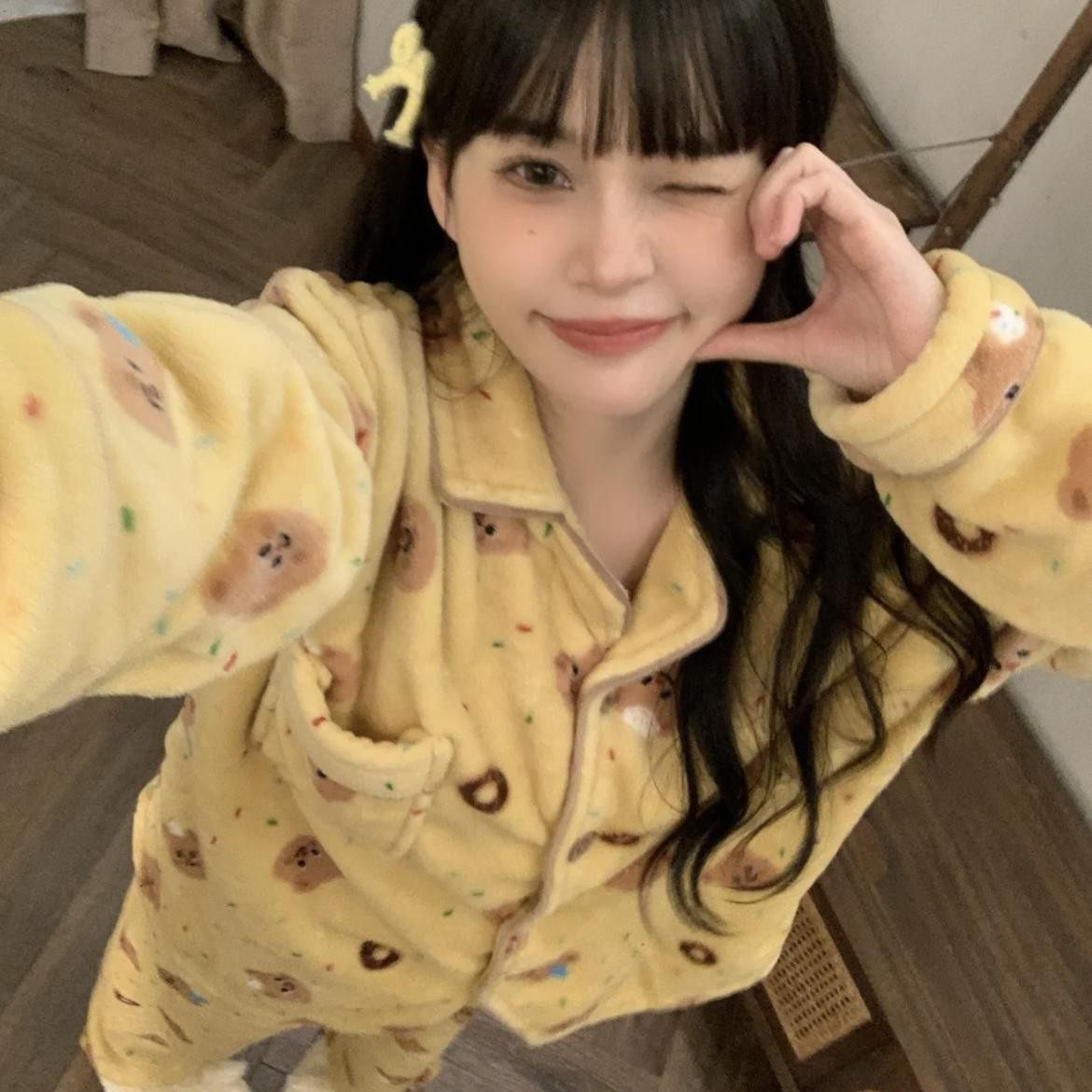 法国OIMG黄油小熊珊瑚绒睡衣女秋冬季加厚加绒保暖卡通家居服