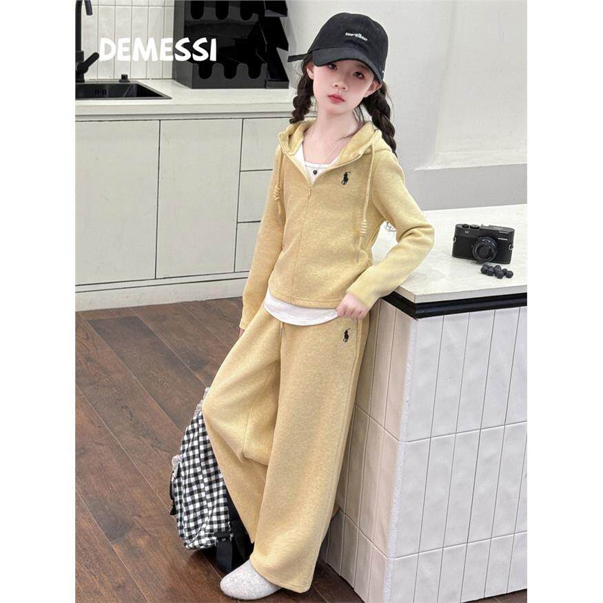韩国DEMESSI女童连帽卫衣套装春秋2025新款女孩假两件运动两件套