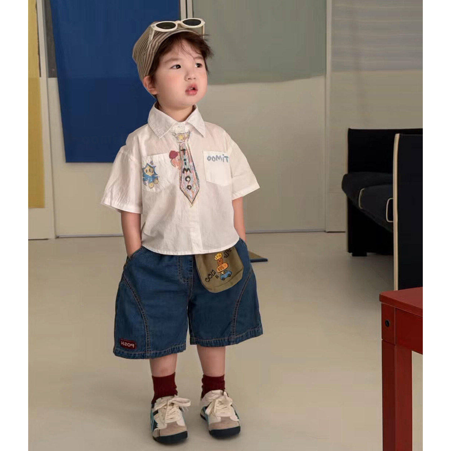 法国Uamtor男童短袖衬衫2026夏季新款洋气POLO衫卡通涂鸦上衣套装