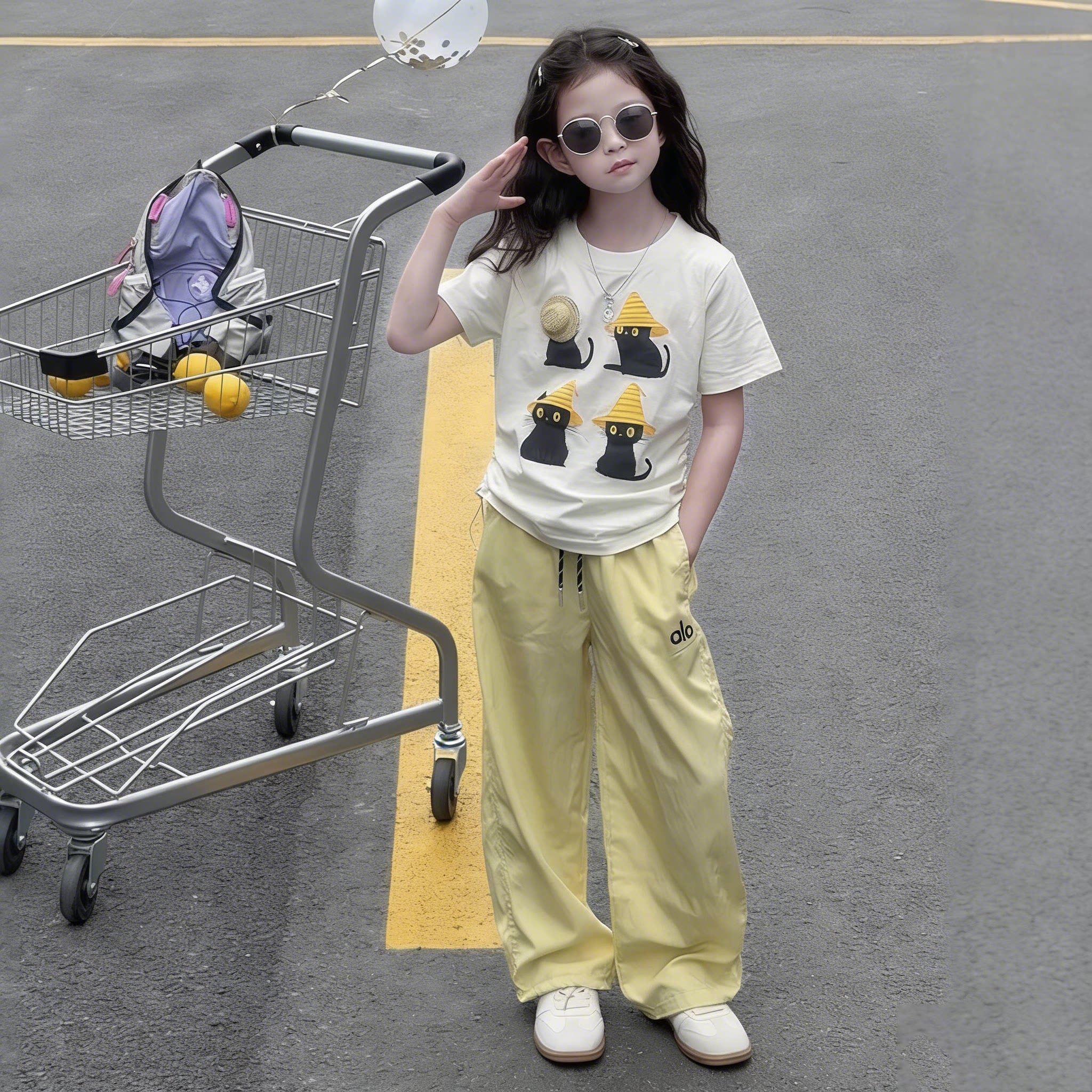 法国Uamtor女童夏季套装潮流猫咪短袖T恤裤子套装2026新款速干款
