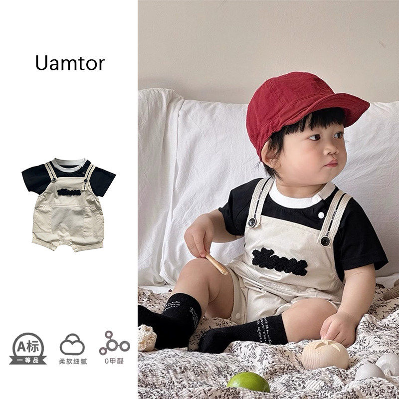 法国Uamtor小月龄夏季衣服婴幼儿洋气小套装韩版帅气男宝宝背带裤