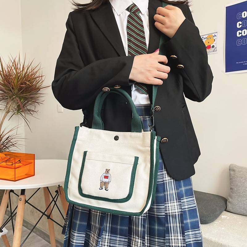 日系ulzzang学院风古着感刺绣小熊学生帆布手提斜挎包小包包
