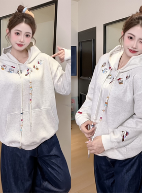DIYUN帝韵灰色kitty猫刺绣连帽卫衣女2025秋季薄款宽松慵懒风外套