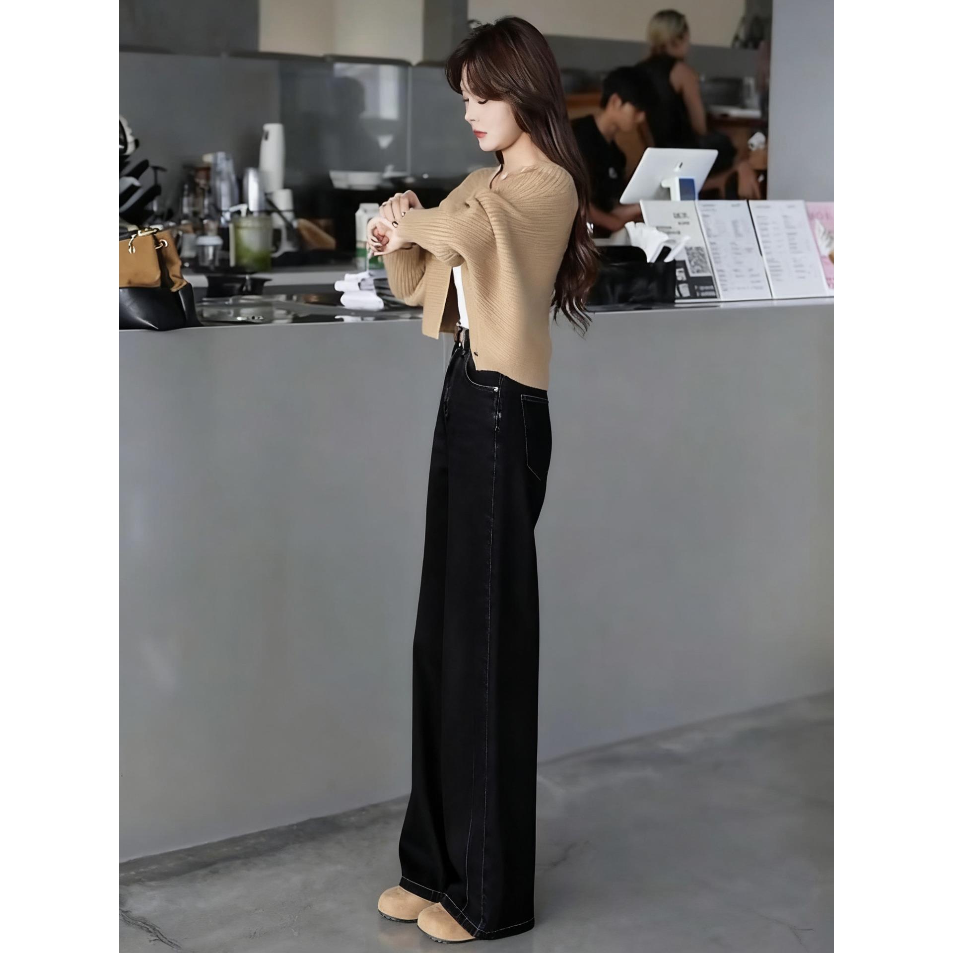 ROUMIKL气质一整套ootd穿搭早秋巨好看的短款针织开衫高腰牛仔裤