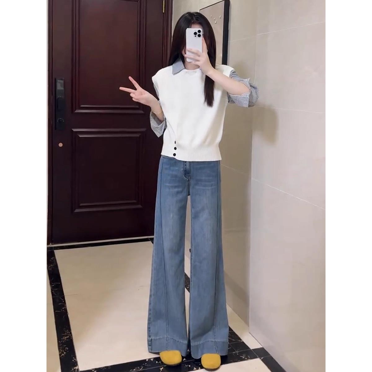 ROUMIKL巨好看的秋日ootd穿搭一整套假两件条纹polo领衬衫牛仔裤