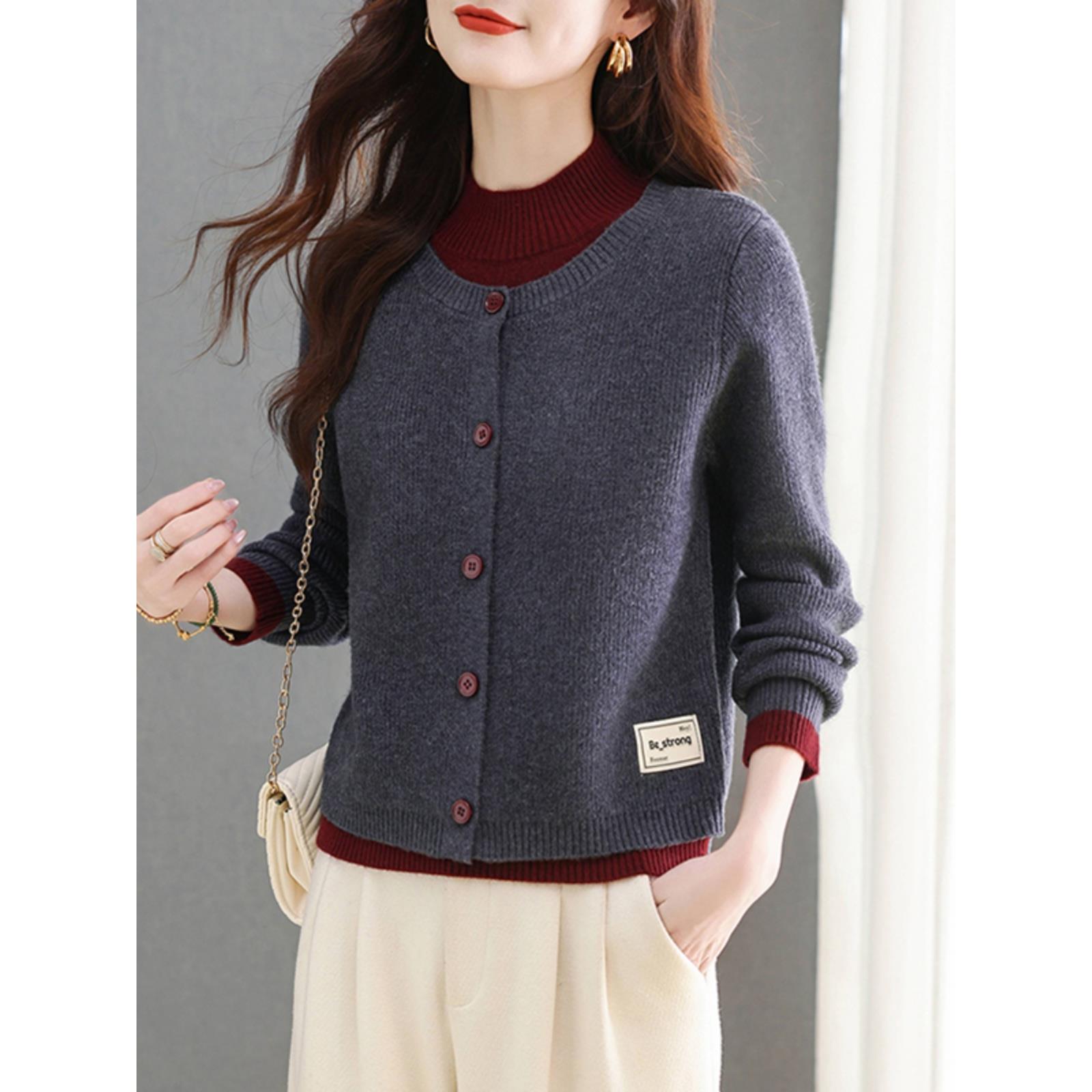 ROUMIKL春秋假两件上衣女时尚洋气新款针织拼接毛衣开衫外套半高