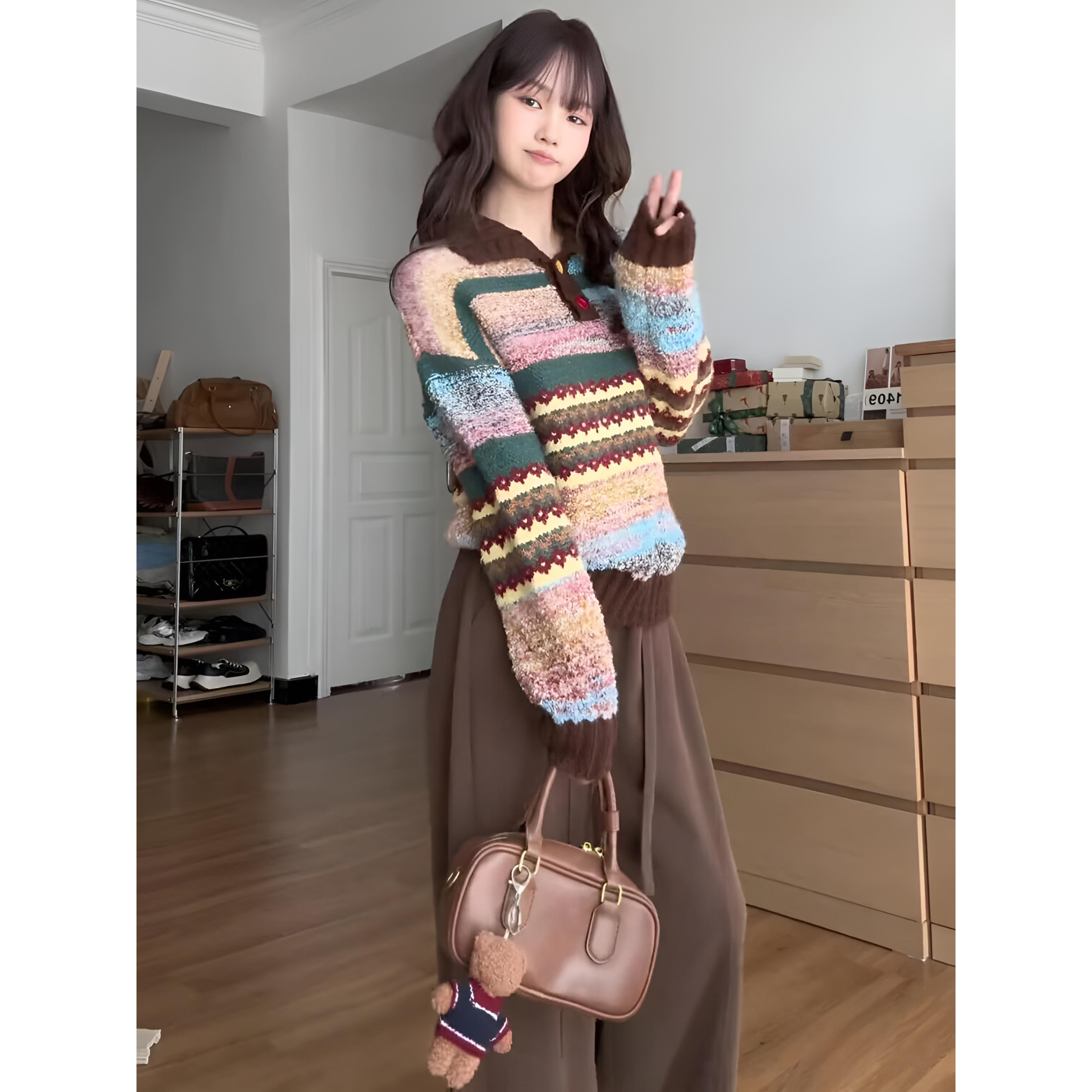 ROUMIKL2025超火秋装一整套高级感减龄费尔岛覆古条纹毛衣阔腿裤