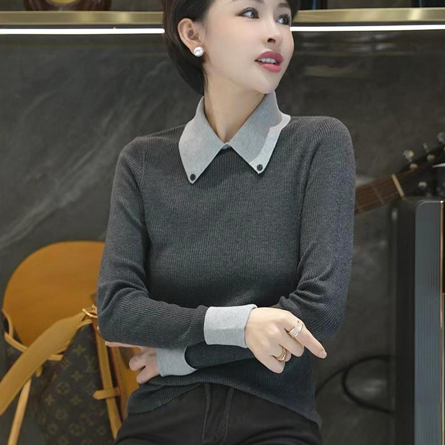 ROUMIKL假两件翻领长袖针织衫女2025新款今年流行爆款秋冬穿搭打