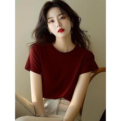 RIERA奥莱折扣深葡萄酒红色短袖t恤女奢华大牌高端上衣正肩休闲小