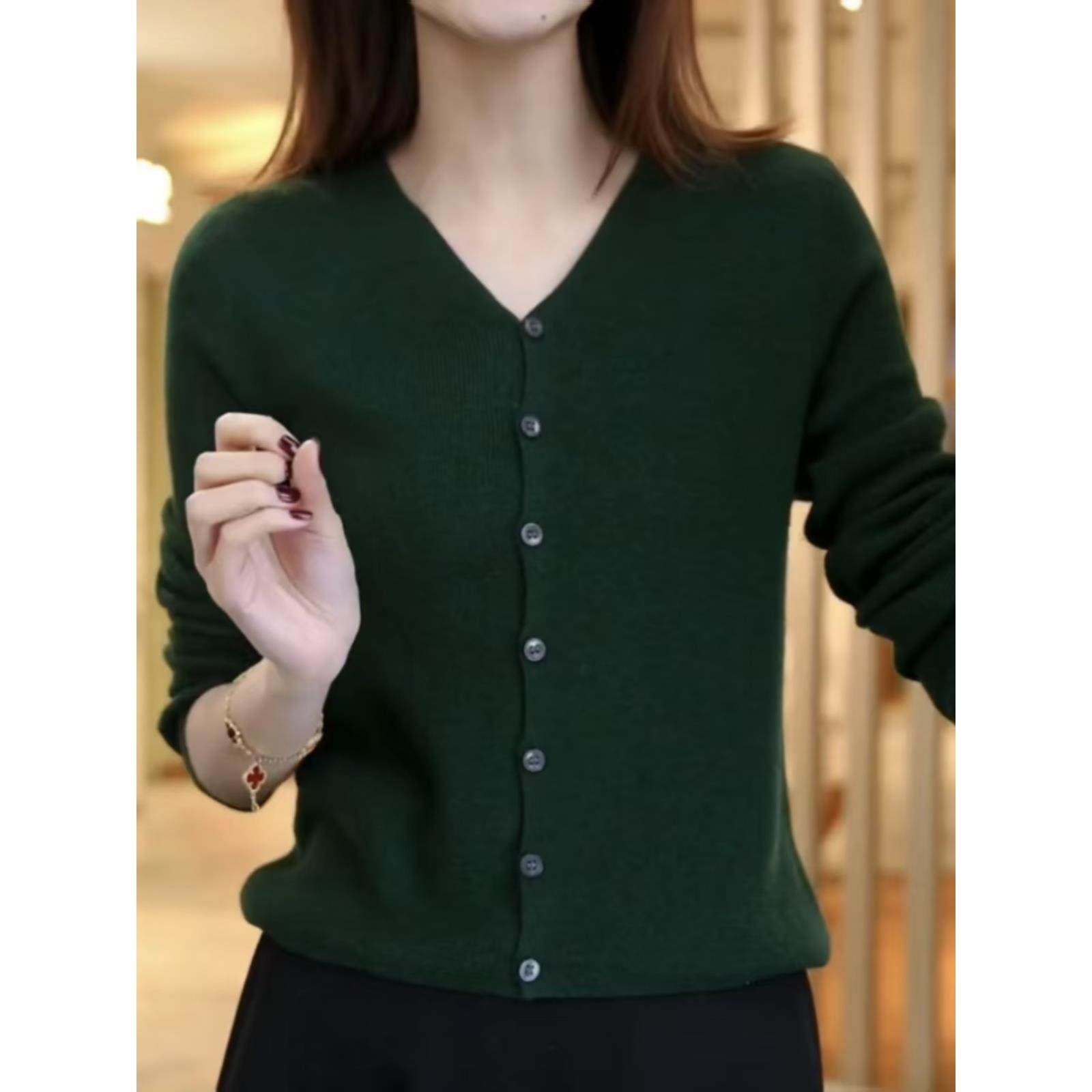 ROUMIKL慵懒风针织开衫女春秋V领薄款外穿纯色上衣洋气宽松毛衣外