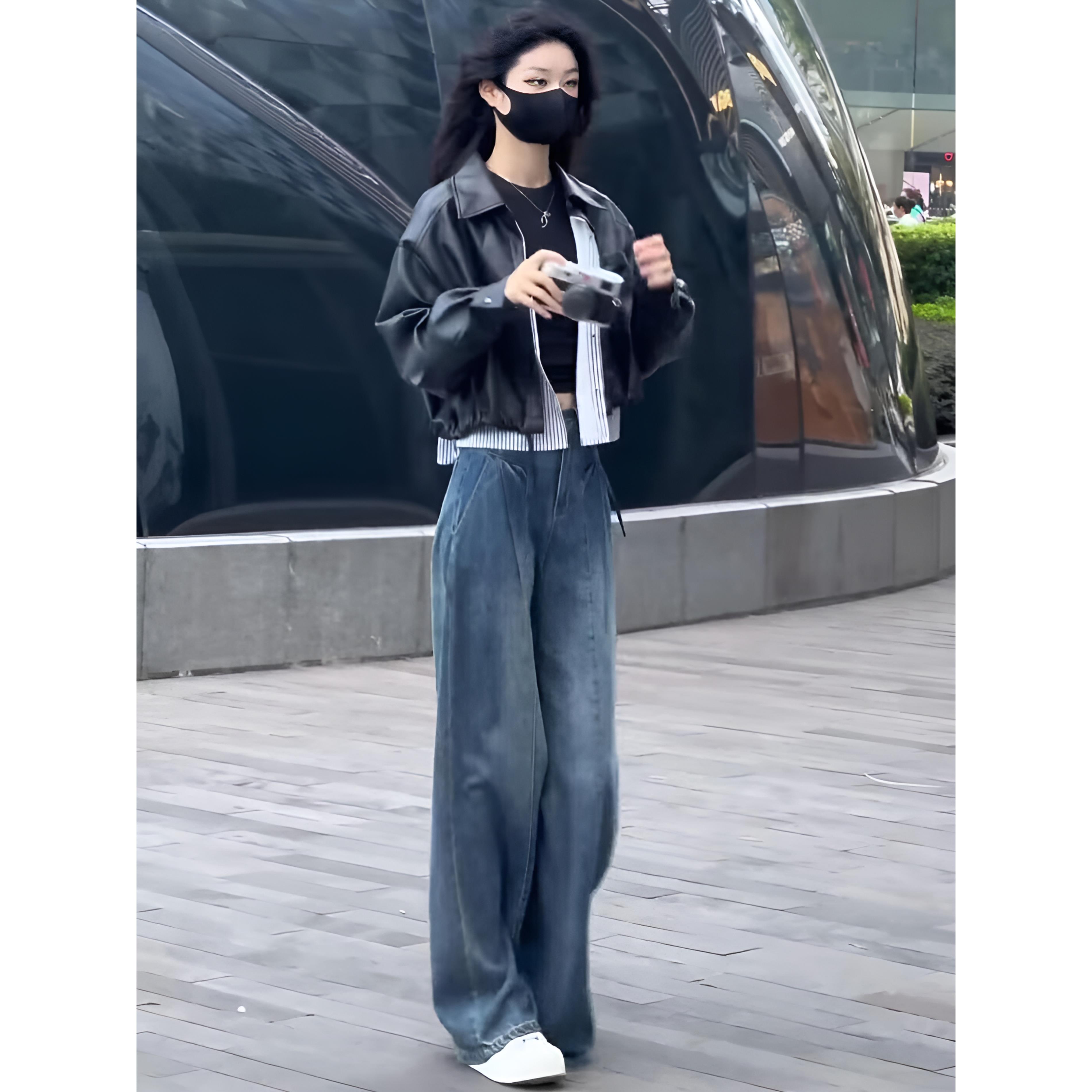 ROUMIKL早秋韩系漂亮小套装美式覆古风酷飒短款皮衣外套高腰牛仔