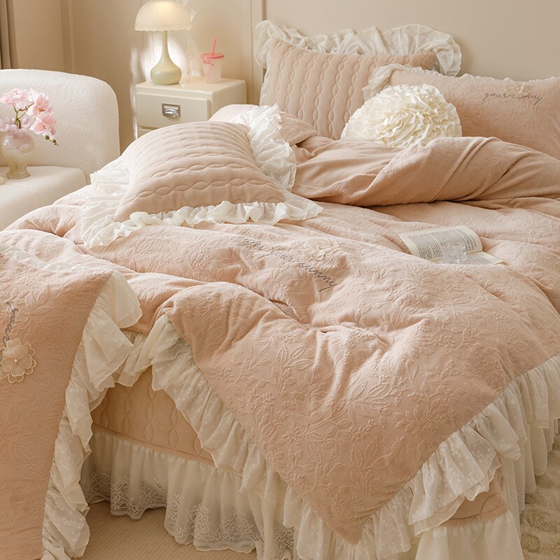 法式风蕾丝牛奶绒床盖四件套床单被套冬季1.8m2米珊瑚绒被套4件套