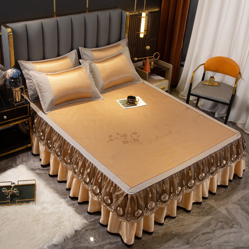 轻奢高档提冰藤凉席三件套床裙款藤席床罩席子公主风蕾丝夏天床套