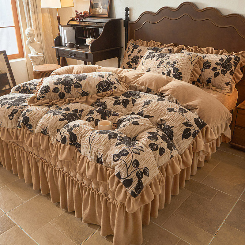 冬季床盖式四件套雕花绒被套加厚夹棉牛奶绒床单1.8m2米A类母婴级