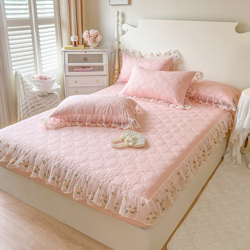 全棉床笠三件套加厚夹棉花边床罩韩式花边床垫保护套纯棉