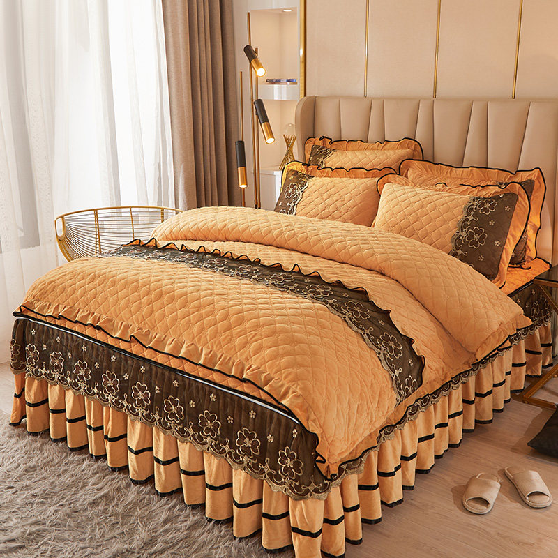 新款可拆洗全套夹棉加厚床裙四件套保暖水晶绒珊瑚绒法兰绒被套冬