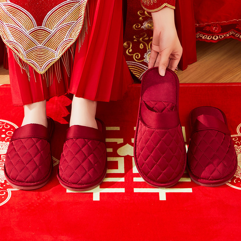 结婚拖鞋喜庆红色一对居家高级感缎面陪嫁女防滑室内新婚拖鞋男,居家布艺,居家婚庆拖鞋,淘宝优惠券,粉丝福利购,淘宝优惠卷