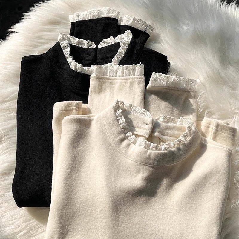 半高领德绒长袖T恤打底衫女2025秋冬季蕾丝花边内搭修身学生上衣,女装/女士精品,T恤,淘宝优惠券,粉丝福利购,淘宝优惠卷