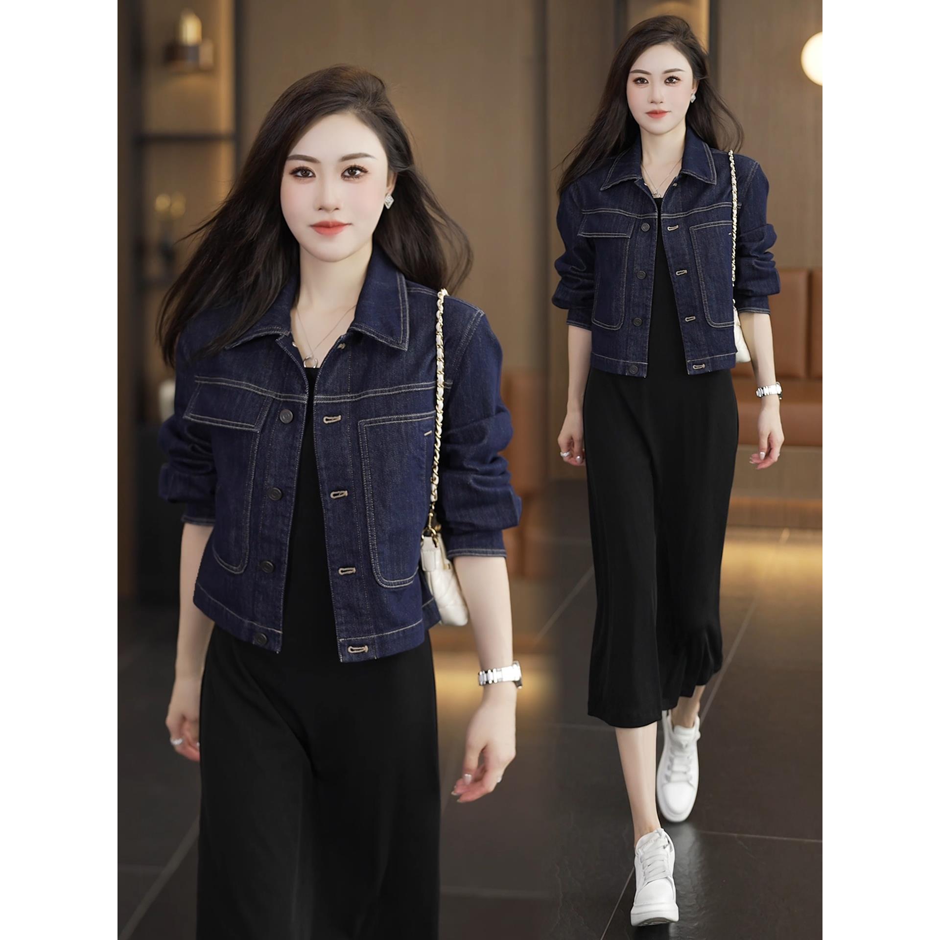 ROUMIKL时尚洋气套装裙女秋季新款韩版宽松显瘦短款牛仔外套吊带